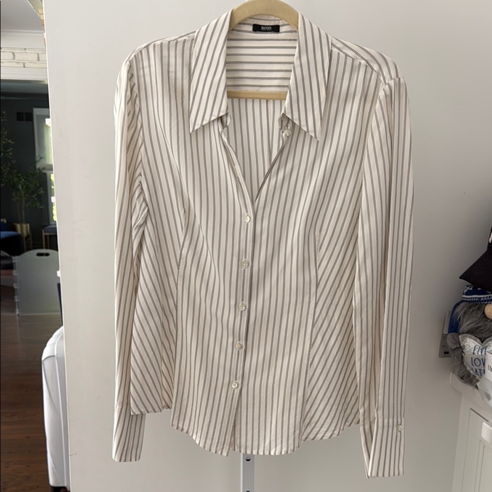Striped Button-Up Shirt in Cream and Taupe